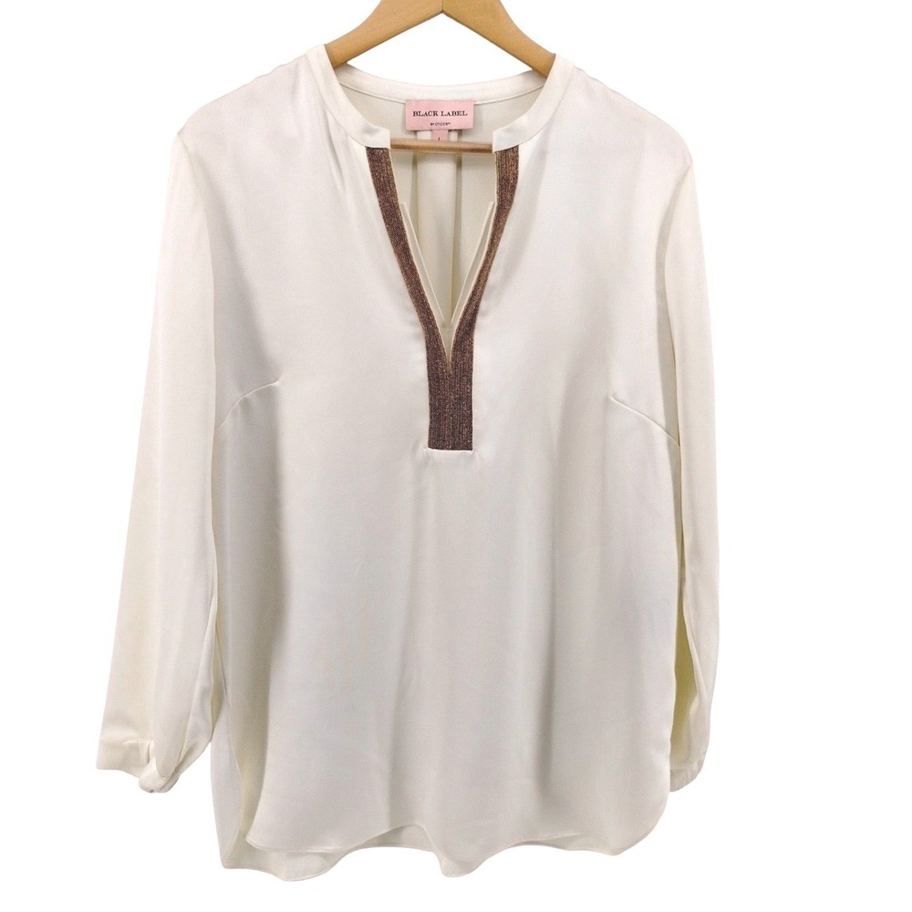 BLACK LABEL‎ Chicos Ivory Gold Beaded V Neck Blouse Large Minimalist Old Money